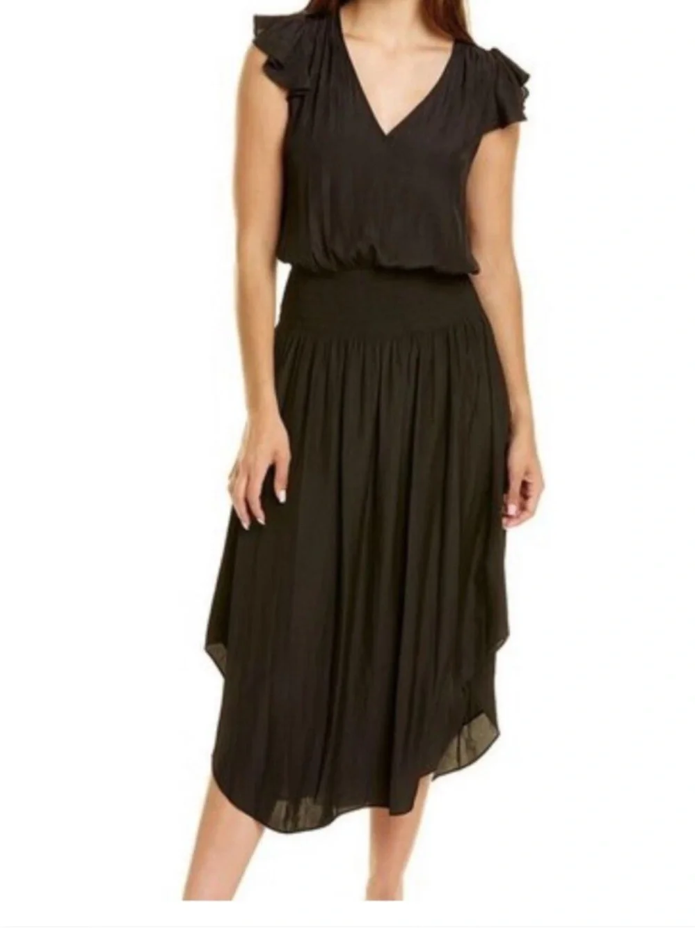 RAMY BROOK Black V Neck Smock Waist Midi Flutter Sleeve Satin Dress Size L